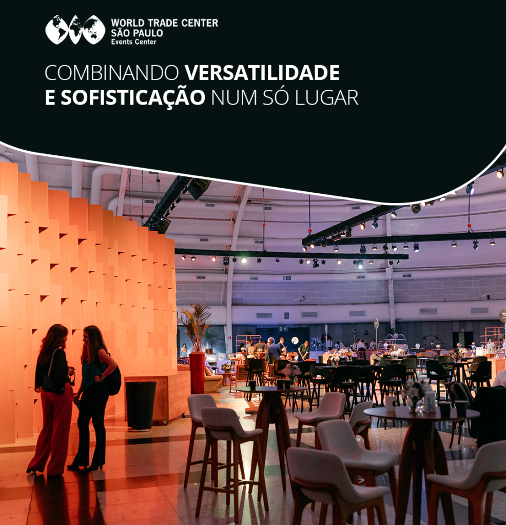 Espaço moderno e elegante do WTC Events Center preparado para um evento corporativo.