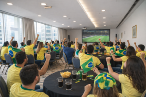 Evento corporativo com transmissão de jogo em telão no WTC Events Center, com público assistindo em ambiente estruturado.